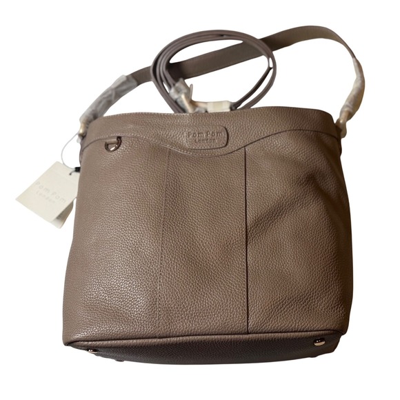 Pom Pom London Handbags - Pom Pom London Hampstead Leather Bucket Bag Mocha Taupe Crossbody Gold Hardware